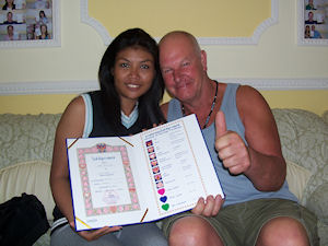 Happy clients smiling with their marriage certificate