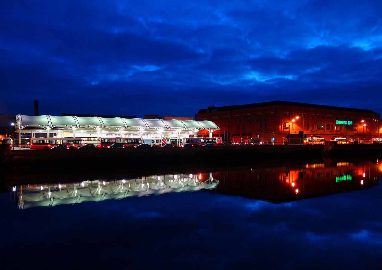 A beautiful riverside night seen in red, blue and white