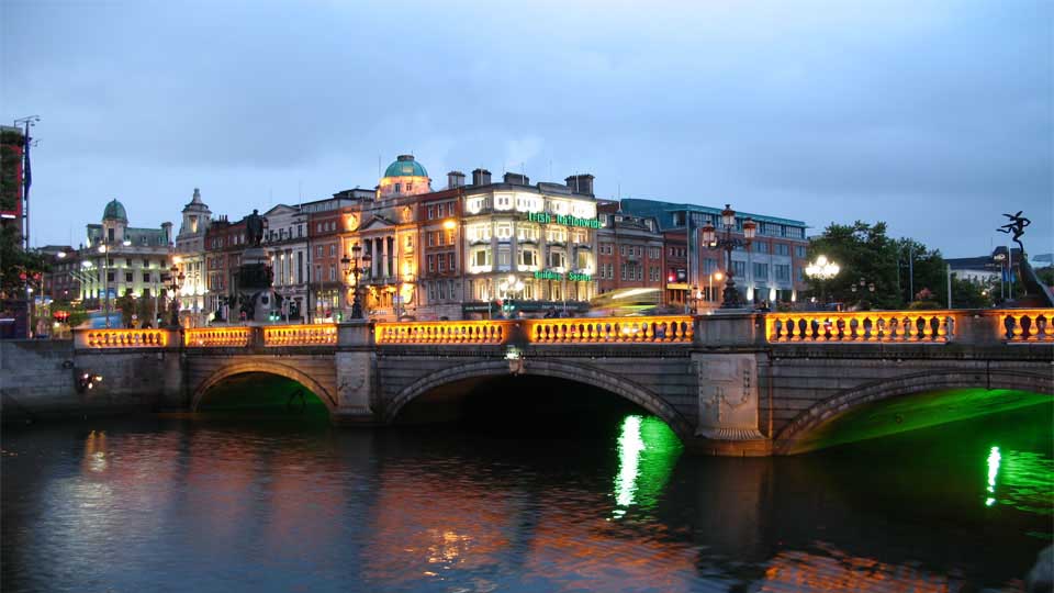 A Beautiful Old Stone Bridge in Dublin, Lit Up At Night