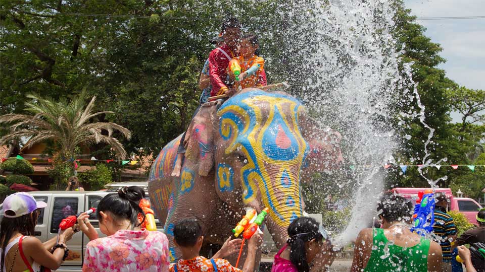 Painted Elephant Ridden by Happy Family Shooting Revelers With A Big Blast of Water From Its Trunk