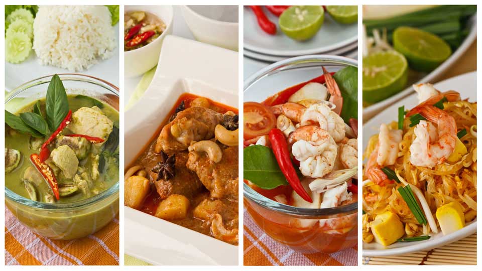 Green Curry, Jungle Curry, Tom Yum and Pad Thai in Nice Tableware