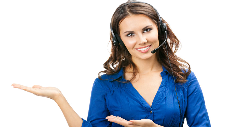 A call center woman with a headset indicating left
