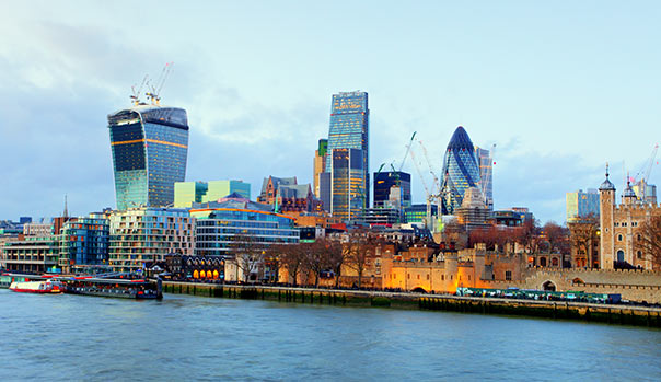 A modern city as seen from across a river